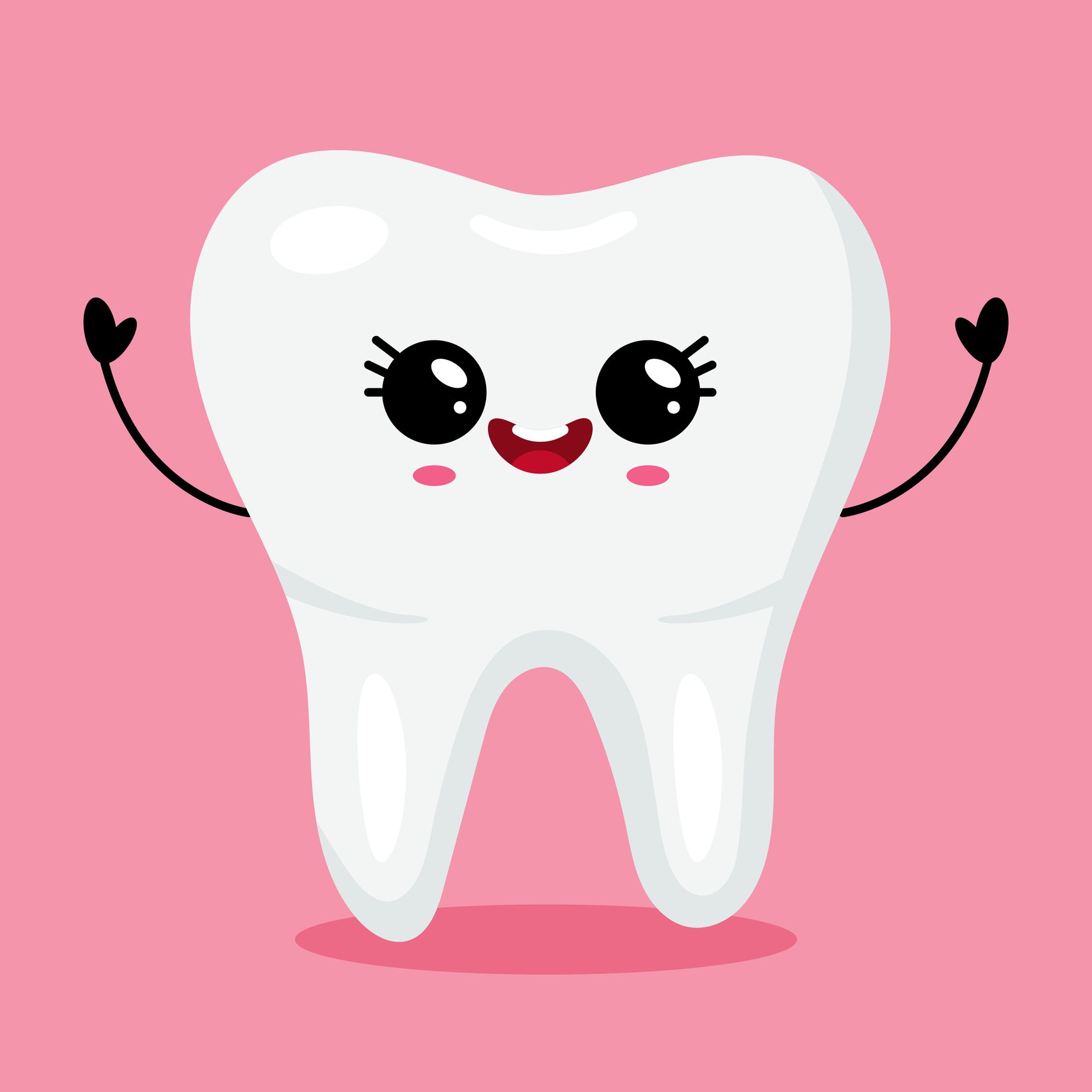 Kawaii style smiling tooth character with big eyes, pink cheeks, and waving hands. Perfect for dental clinics, children s dental care promotions, and educational materials.